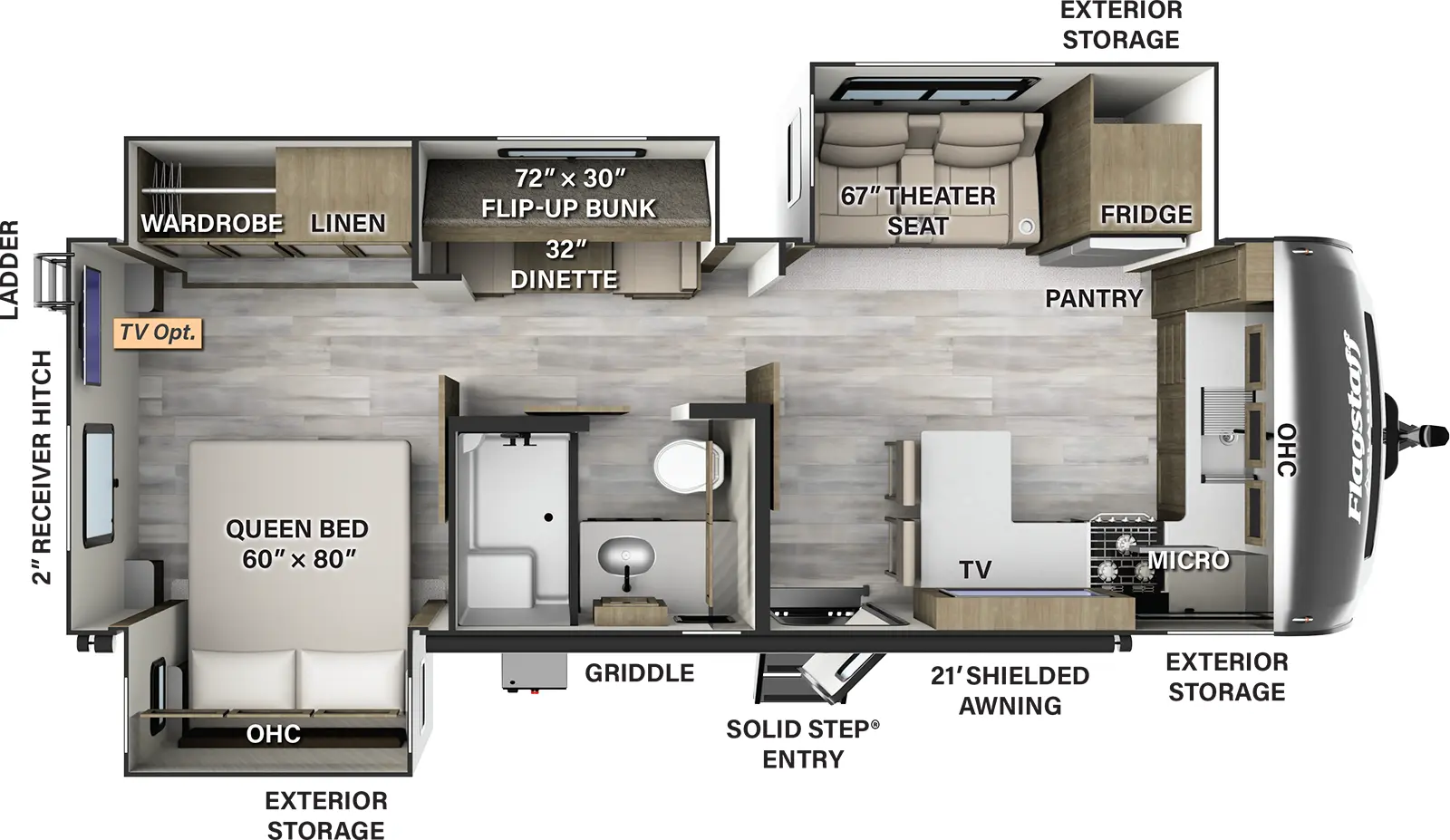 The 826BHS has three slideouts and one entry. Exterior features exterior storage, griddle, solid step entry, 21 foot shielded awning, rear ladder, and a two inch receiver hitch. Interior layout front to back: front kitchen with overhead cabinet, and counter wraps to door side with microwave, TV, peninsula counter with stools and entry door; off-door side slideout with refrigerator, pantry and theater seat; door side full bathroom; off door side slideout with bunk bed above dinette, linen cabinet and wardrobe; door side queen bed slideout with overhead cabinets; rear optional TV.